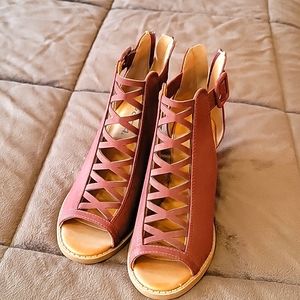 Burgundy ankle peep toe 3 inch heels.